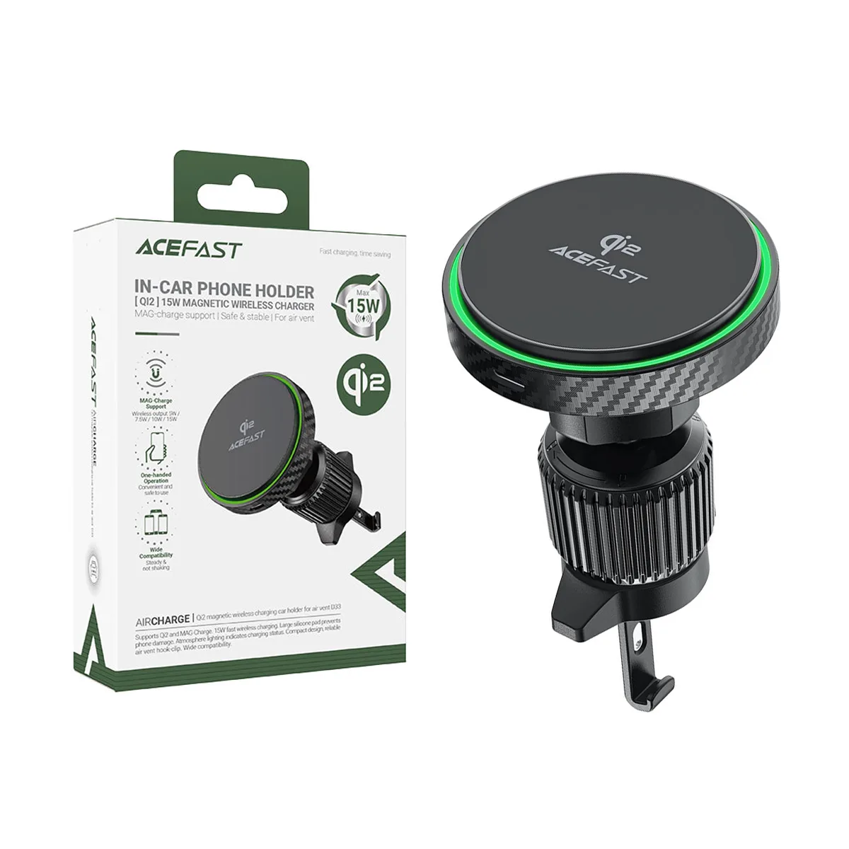 Автомобильный держатель Acefast D33 (с беспроводной зарядкой 15W, Qi2, магнитный, в дефлектор) Черны