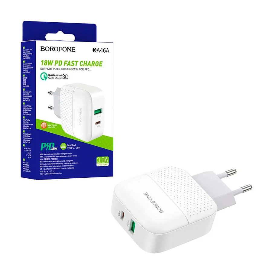 Сетевое зарядное устройство USB/Type-C Borofone BA46A (18W, QC3.0, PD, 2 порта) Белый