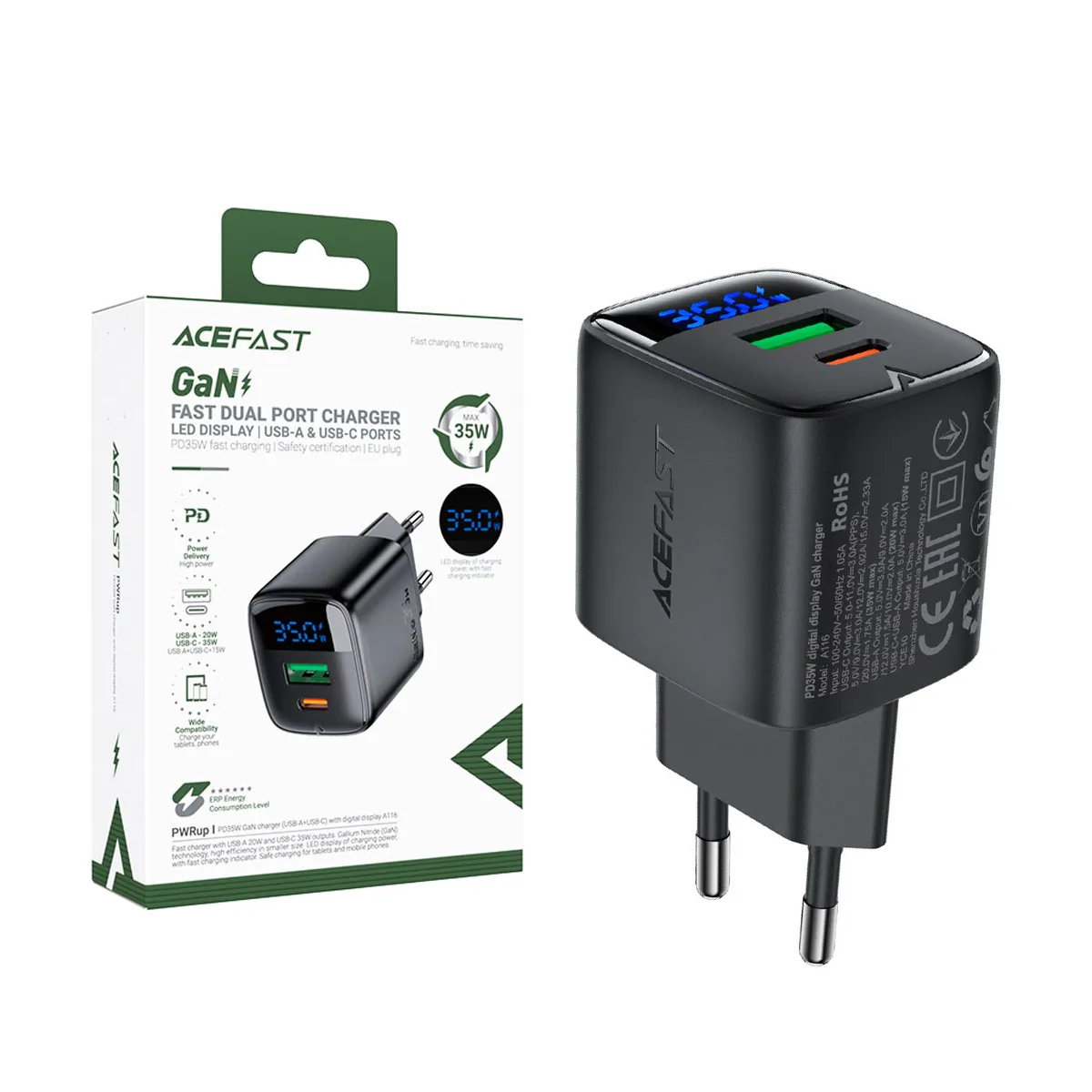 Сетевое зарядное устройство USB/Type-C Acefast A116 (35W, QC3.0, PD, 2 порта, GaN, с дисплеем) Черны