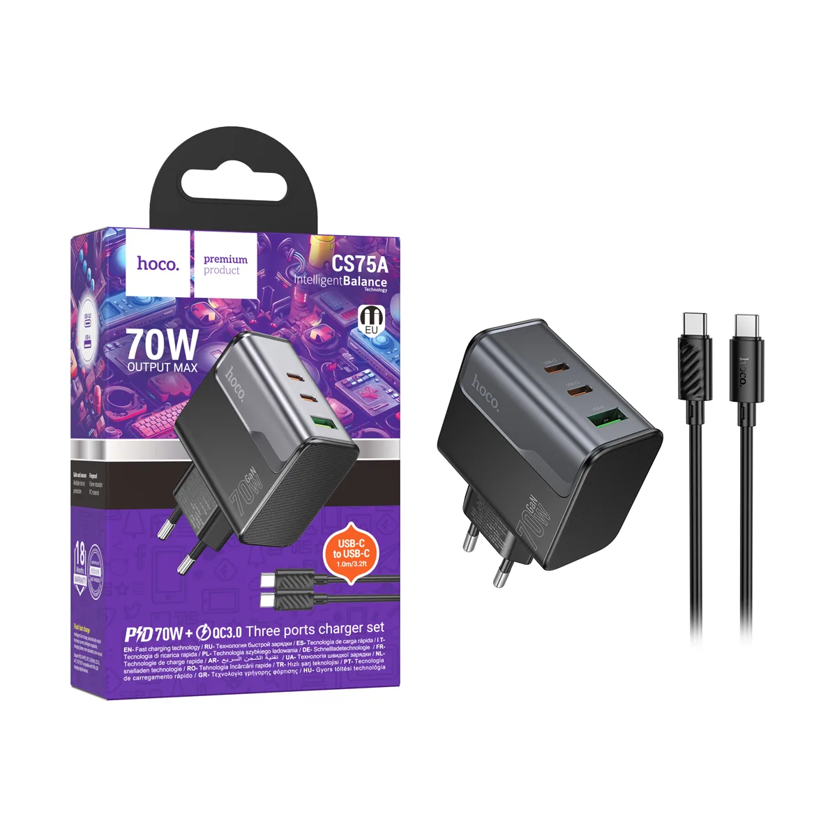 Сетевое зарядное устройство USB/Type-C Hoco CS75A (70W, QC3.0, PD, 3 порта, кабель Type-C-Type-C) Че