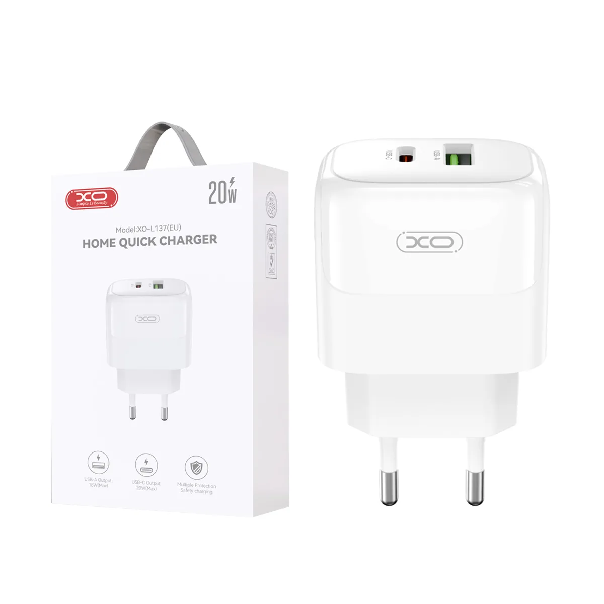 Сетевое зарядное устройство USB/Type-C XO L137 (20W, QС3.0, PD, 2 порта) Белый