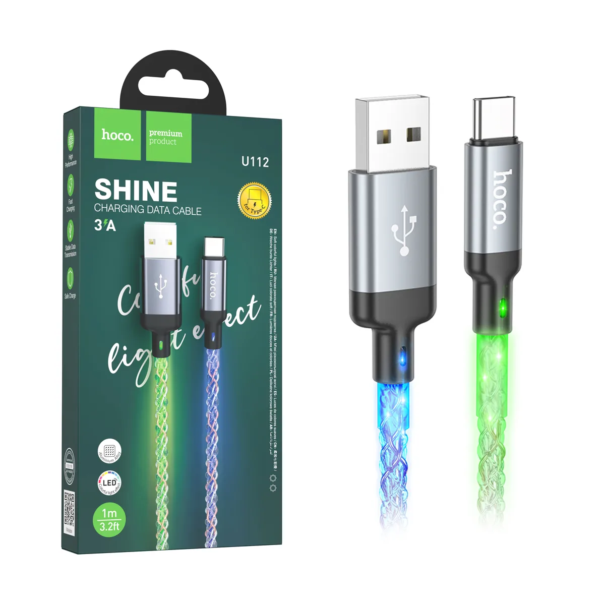 Кабель USB - Type-C Hoco U112 (3A, прозрачный светящийся) Серый