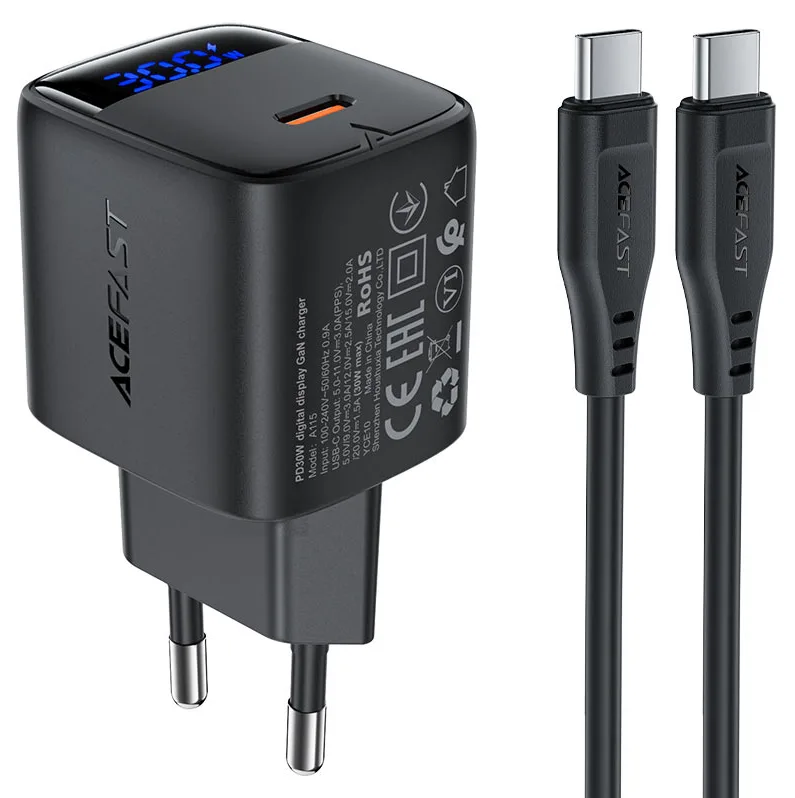 Сетевое зарядное устройство Type-C Acefast A115 (30W, PD, кабель Type-C-Type-C, GaN, с дисплеем) Чер