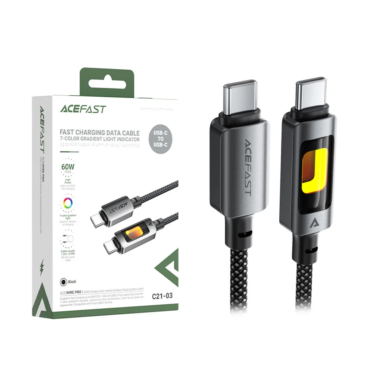 Кабель Type-C - Type-C Acefast C21-03 (3A, 60W, PD, оплетка нейлон, 1.2 м) Черный