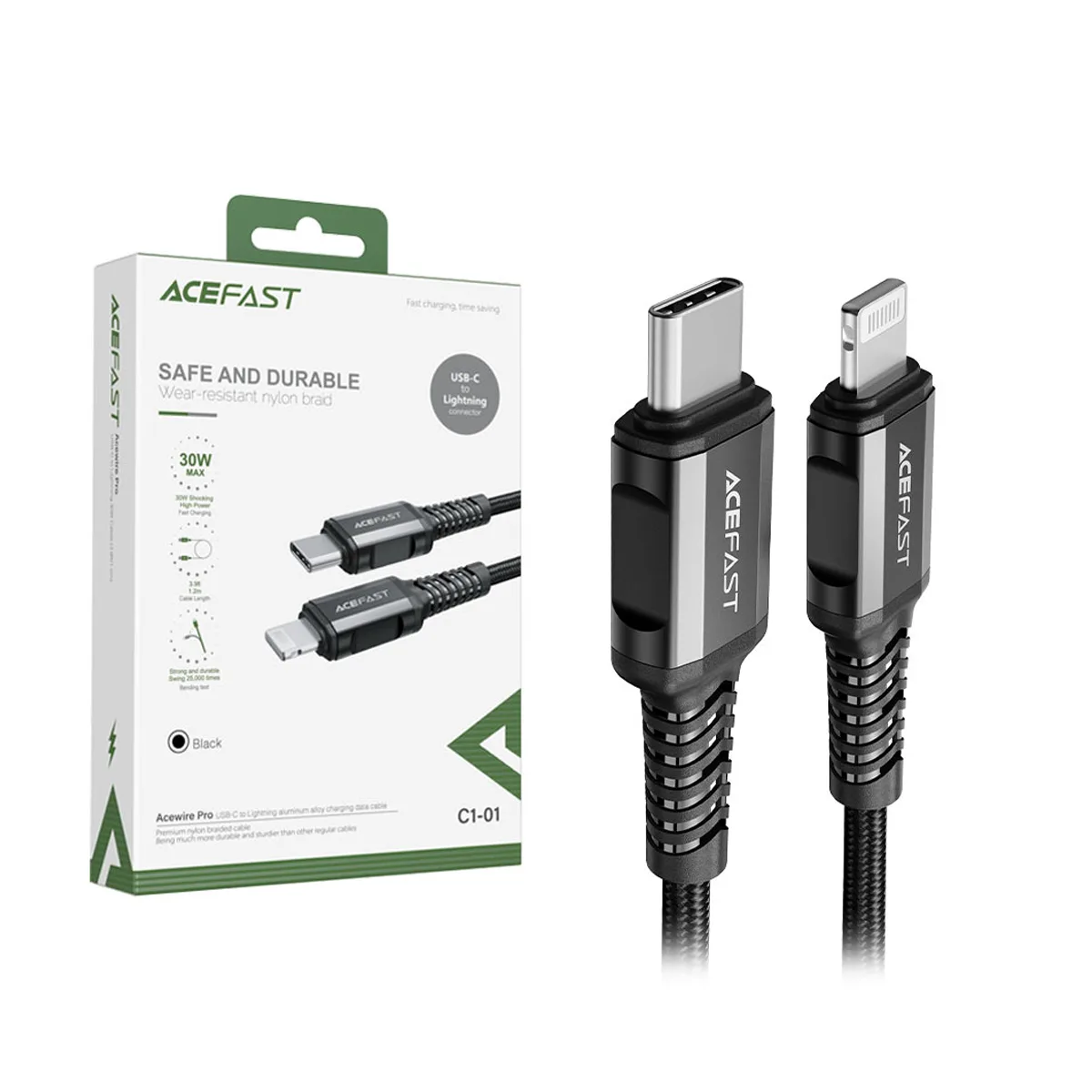 Кабель Type-C - Lightning Acefast C1-01 (3A, 30W, PD, MFI, оплетка нейлон, 1.2 м) Черный