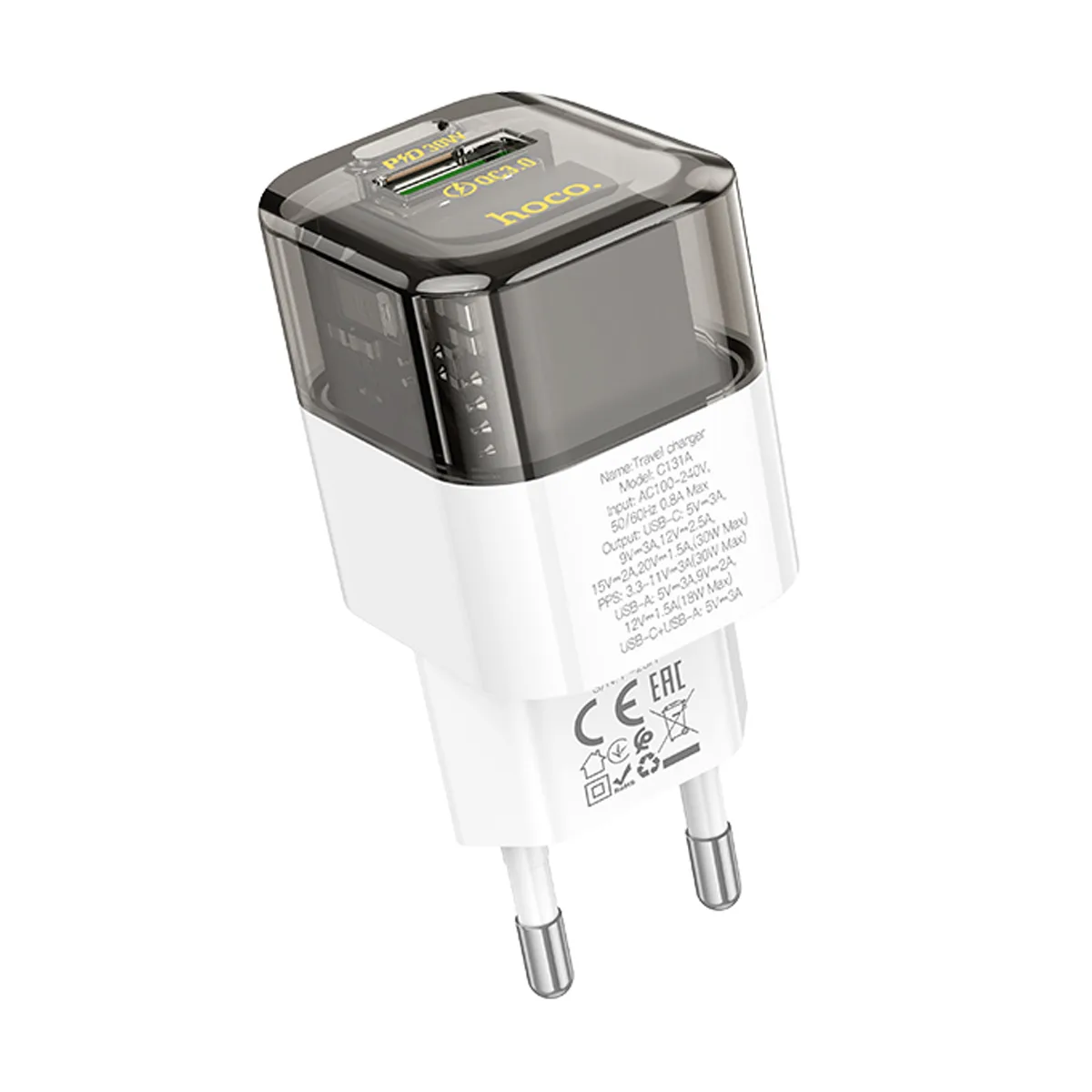 Сетевое зарядное устройство USB/Type-C Hoco C131A (30W, QC3.0, PD, 2 порта, прозрачный корпус) Черны