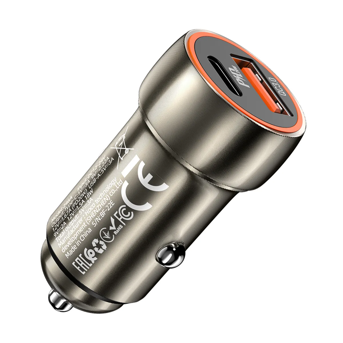 Автомобильное зарядное устройство USB/Type-C Hoco Z46A (20W, QC3.0, PD, 1Type-C, 1USB) Серый