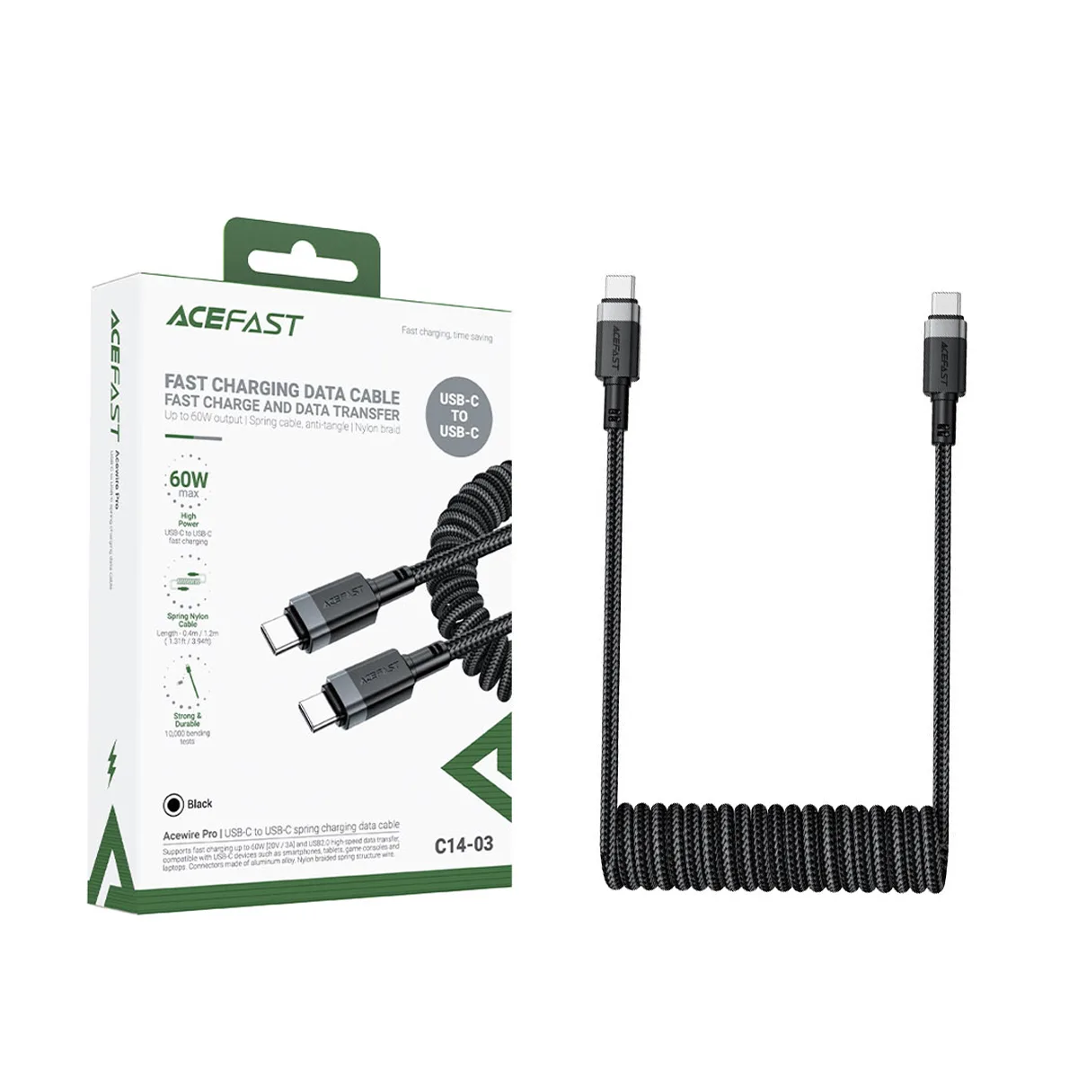 Кабель Type-C - Type-C Acefast C14-03 (3A, 60W, PD, пружинный, оплетка нейлон, 1.2 м) Черный
