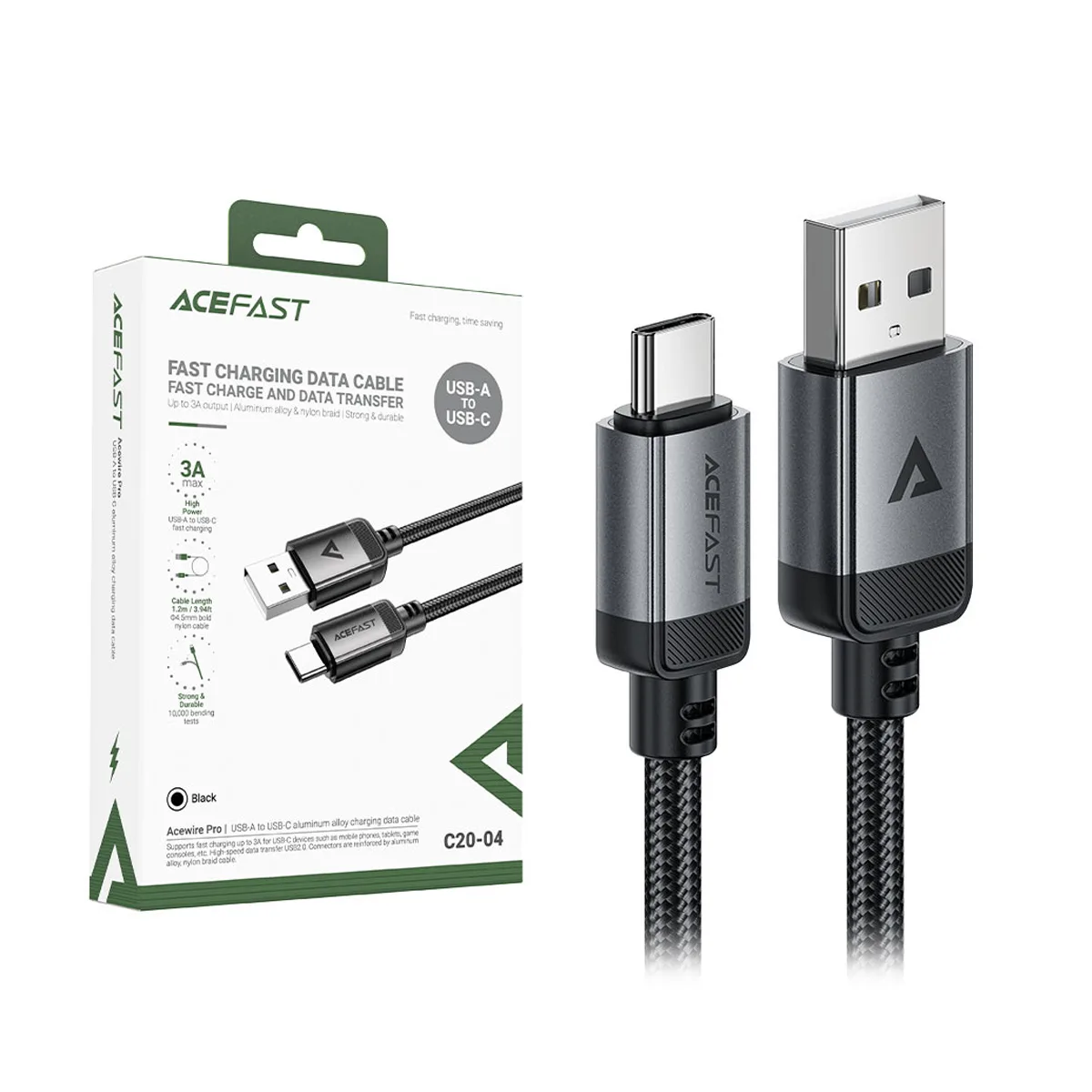 Кабель USB - Type-C Acefast C20-04 (3A, оплетка нейлон, 1.2 м) Черный