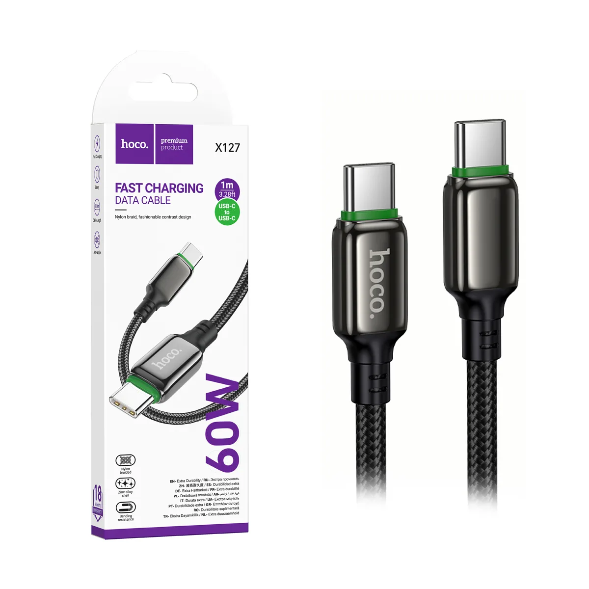 Кабель Type-C - Type-C Hoco X127 (3A, 60W, PD, оплетка нейлон) Черный
