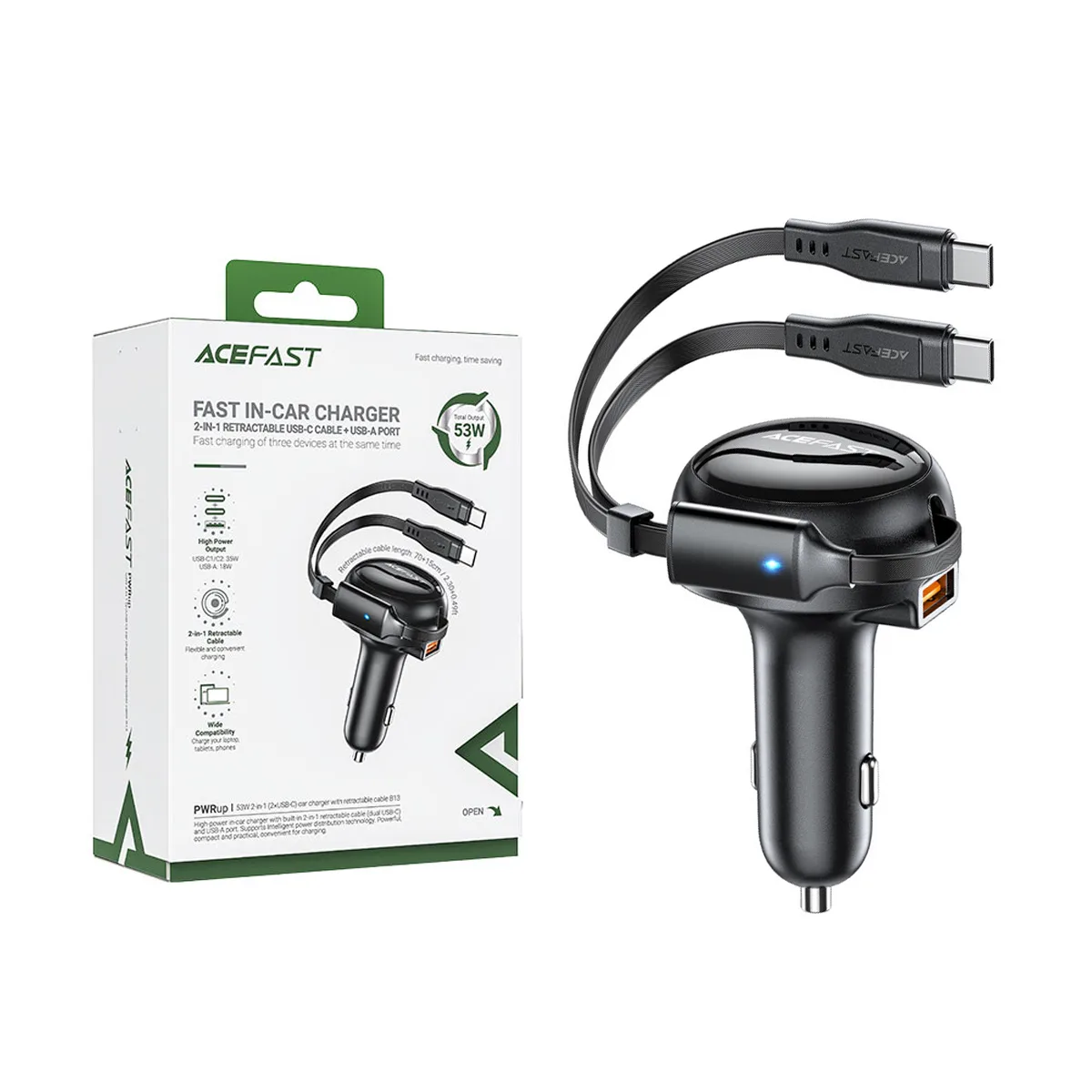 Автомобильное зарядное устройство USB/Type-C Acefast B13 (53W, QC3.0, PD, 1USB, 2 встроенных кабеля