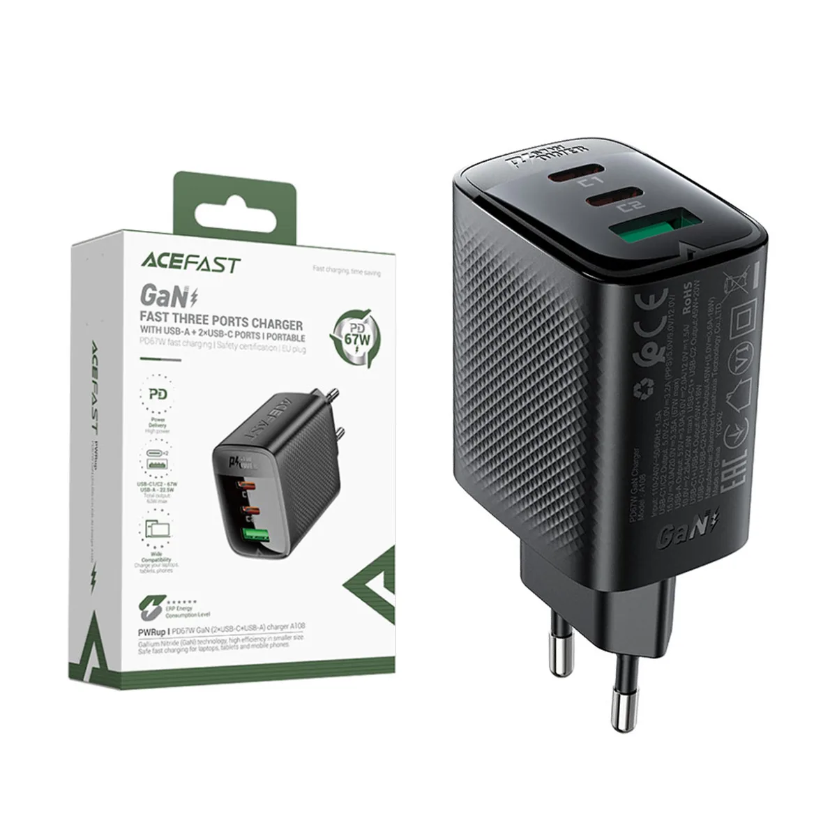 Сетевое зарядное устройство USB/Type-C Acefast A108 (67W, PD, 3 порта, GaN) Черный