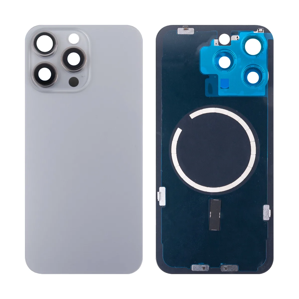 Задняя крышка для iPhone 15 Pro Max (A3106) в сборе со стеклом камеры Серый (стекло, монолит, MagSaf