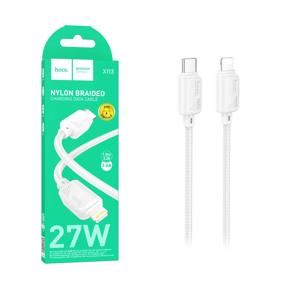 Кабель Type-C - Lightning Hoco X113 (3A, 27W, PD, оплетка нейлон) Белый