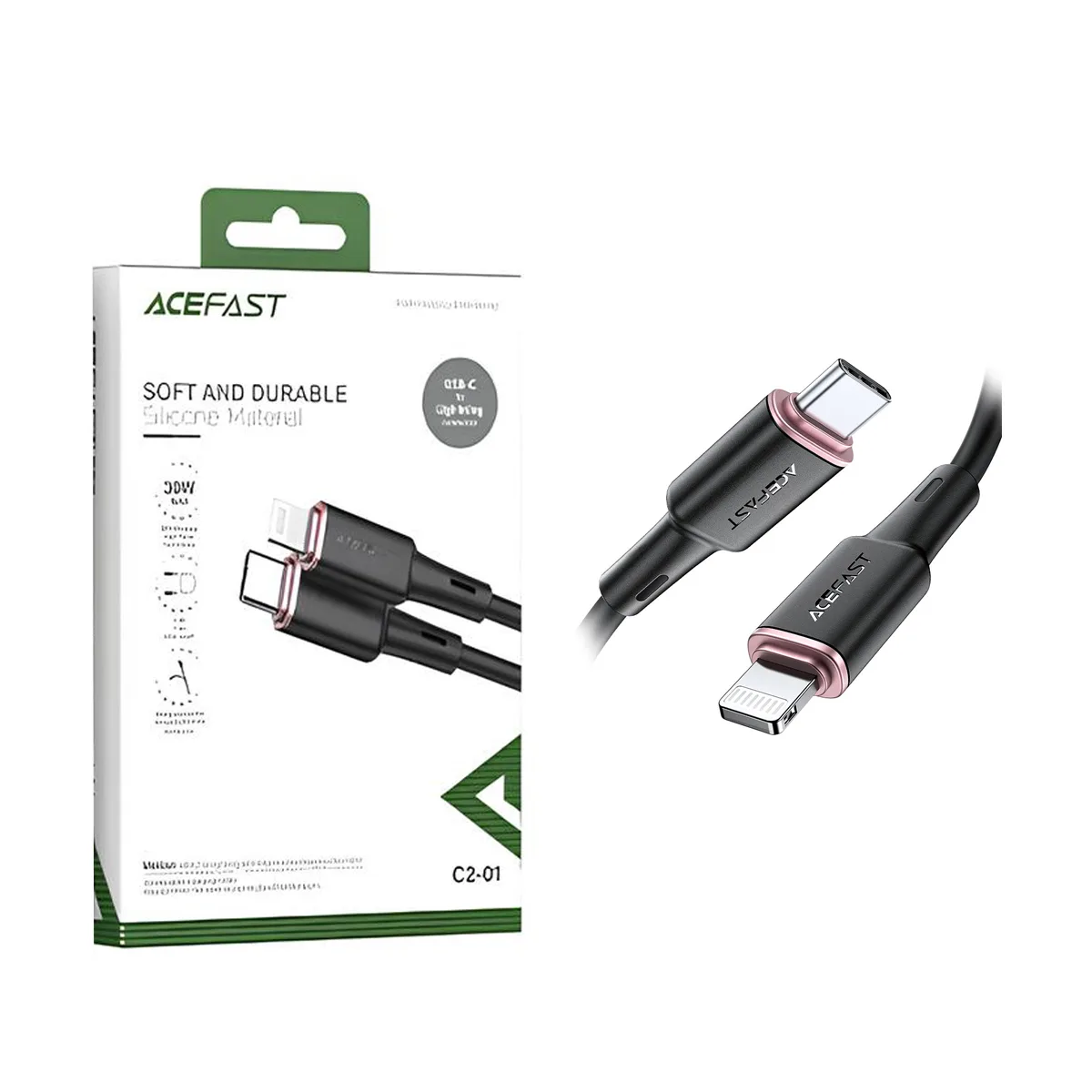 Кабель Type-C - Lightning Acefast C2-01 (3A, 30W, PD, MFI, оплетка силикон, 1.2 м) Черный