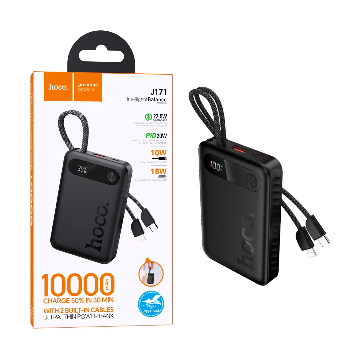 Внешний Аккумулятор (Power Bank) Hoco J171 10000 mAh (22.5W, 20W, PD, Type-C, кабель Type-C, LED дис