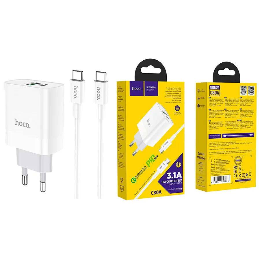 Сетевое зарядное устройство USB/Type-C Hoco C80A (20W, QC3.0, PD, 2 порта, кабель Type-C-Type-C) Бел