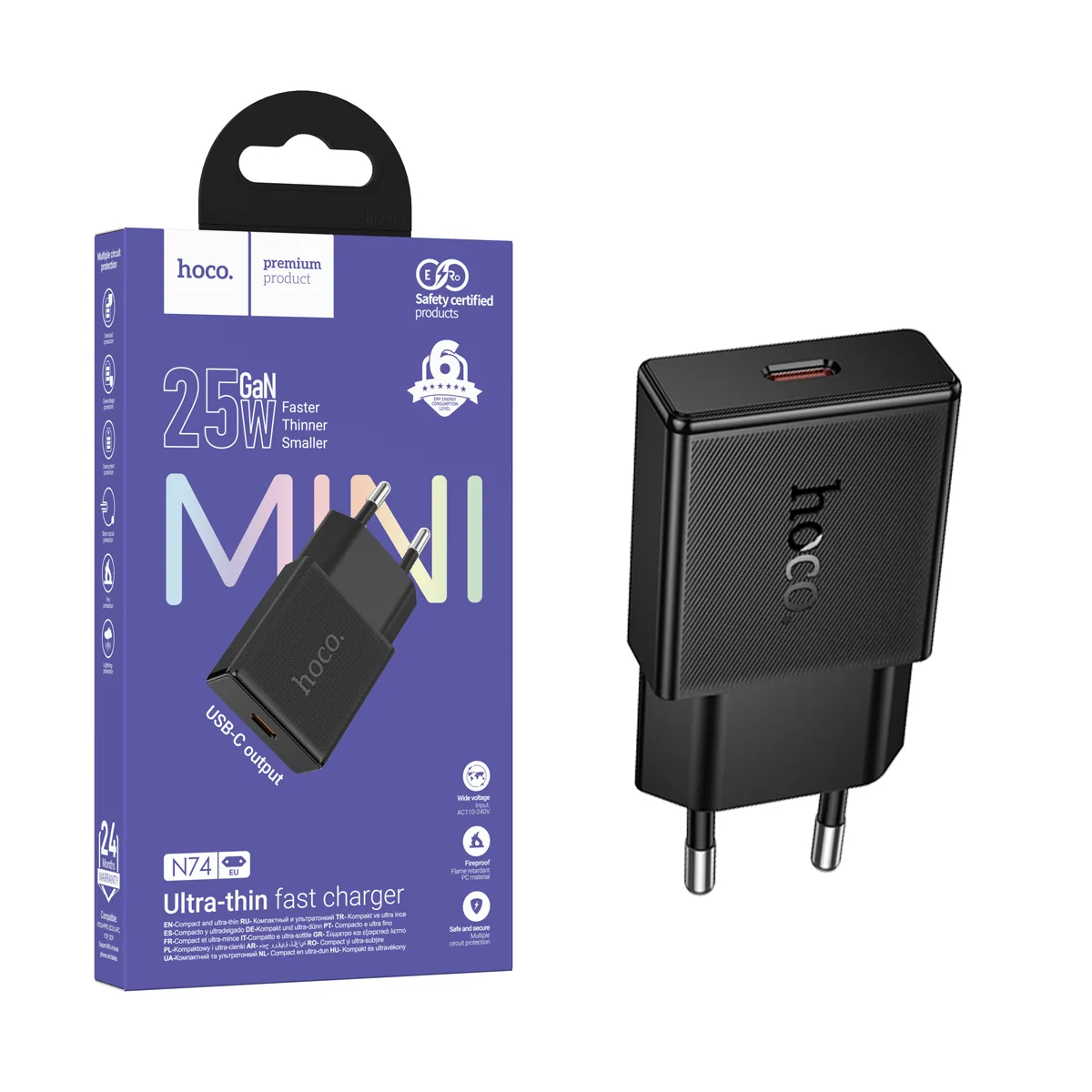 Сетевое зарядное устройство Type-C Hoco N74 (25W, PD, сверхтонкое) Черный