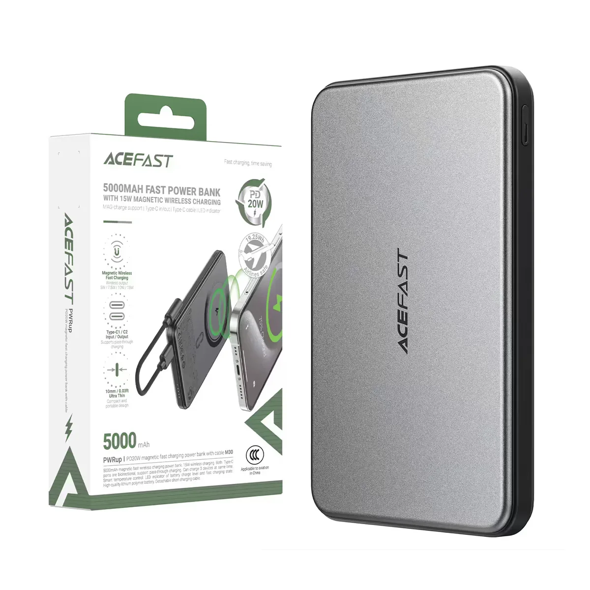 Внешний Аккумулятор (Power Bank) Acefast M30 5000 mAh (18W, MagSafe 7.5W) Черный