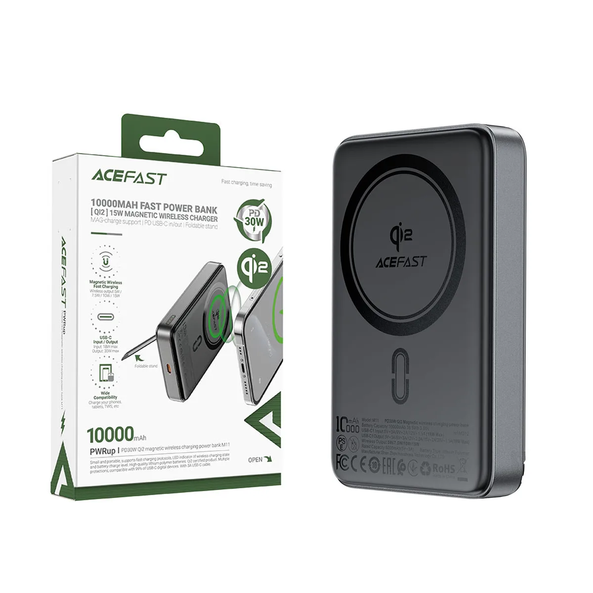 Внешний Аккумулятор (Power Bank) Acefast M11 10000 mAh (30W, PD, беспроводная зарядка 15W, MagSafe,