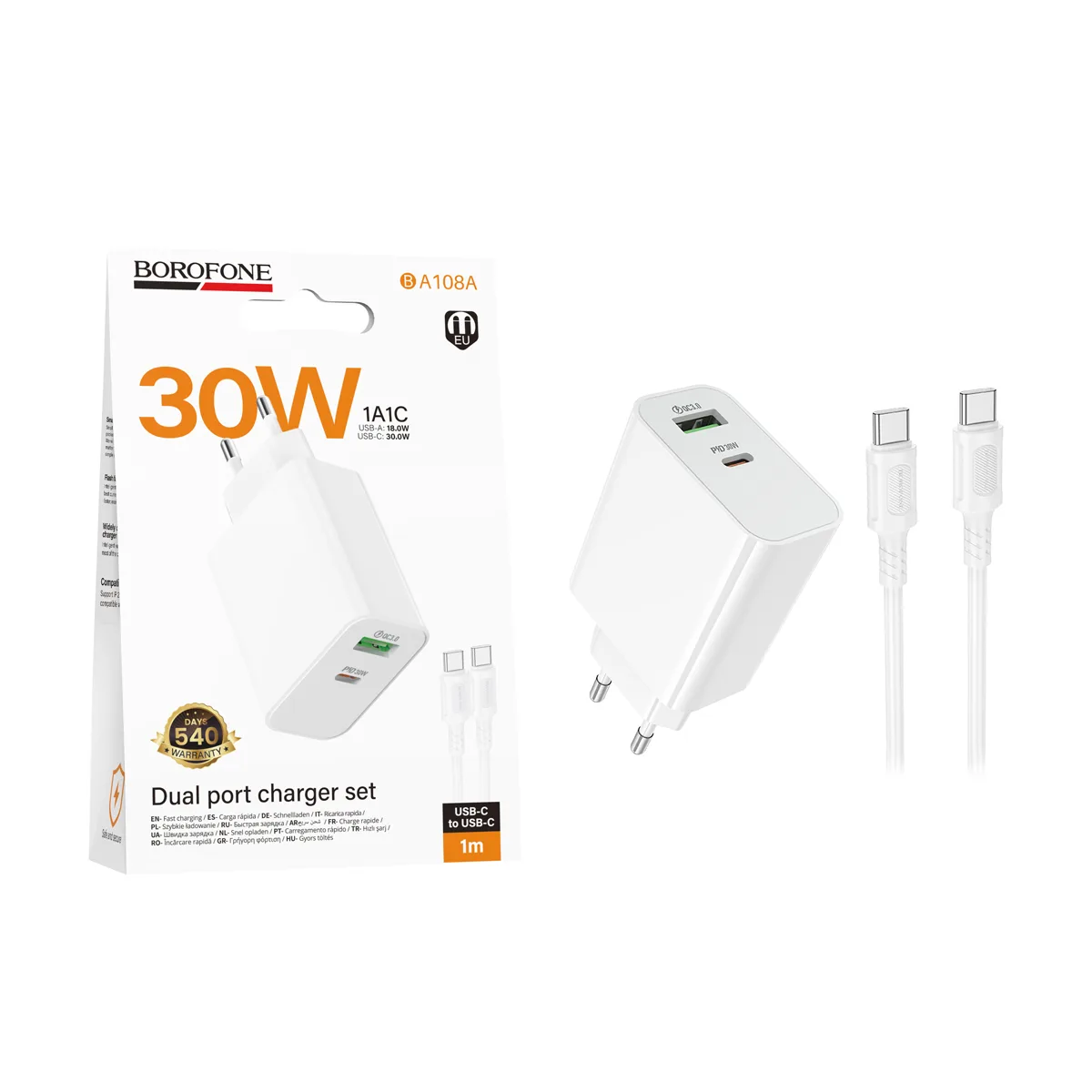 Сетевое зарядное устройство USB/Type-C Borofone BA108A (30W, QC3.0, PD, 2 порта, кабель Type-C-Type