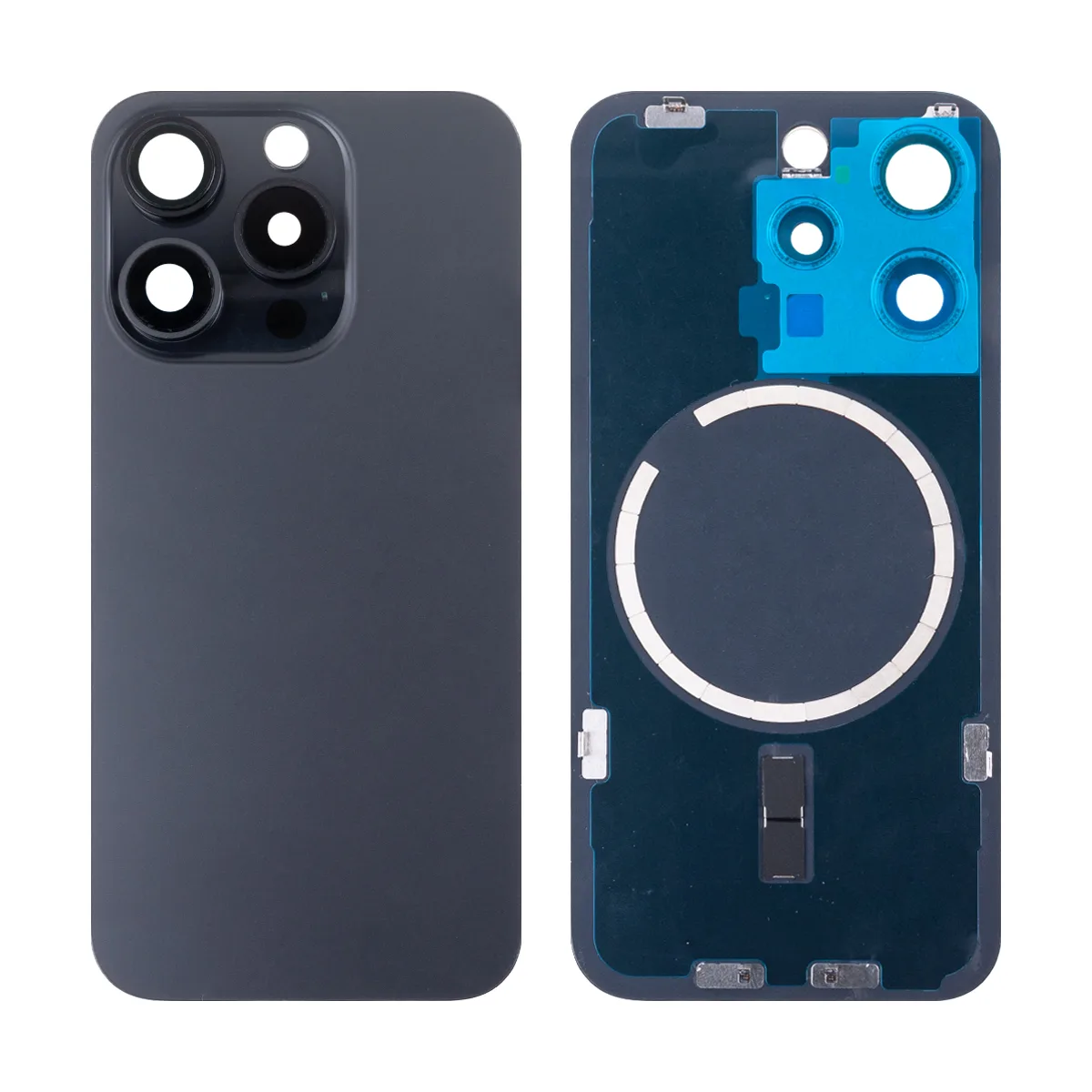 Задняя крышка для iPhone 15 Pro (A3102) в сборе со стеклом камеры Черный (стекло, монолит, MagSafe,