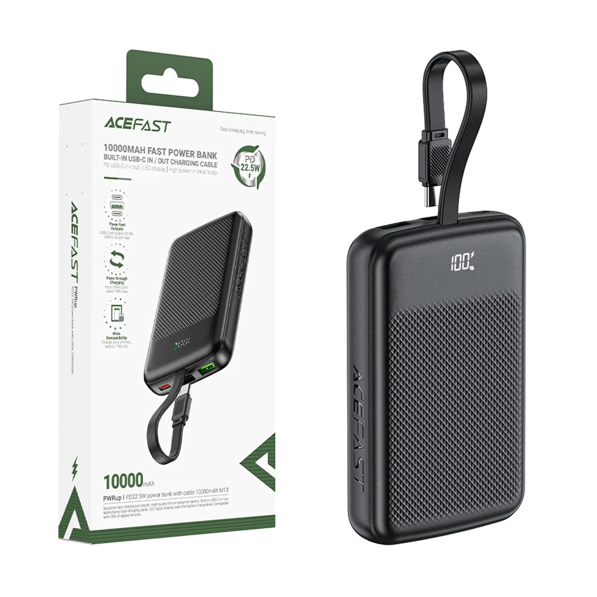 Внешний Аккумулятор (Power Bank) Acefast M13 10000 mAh (22.5W, PD, Type-C, встроенный кабель Type-C,