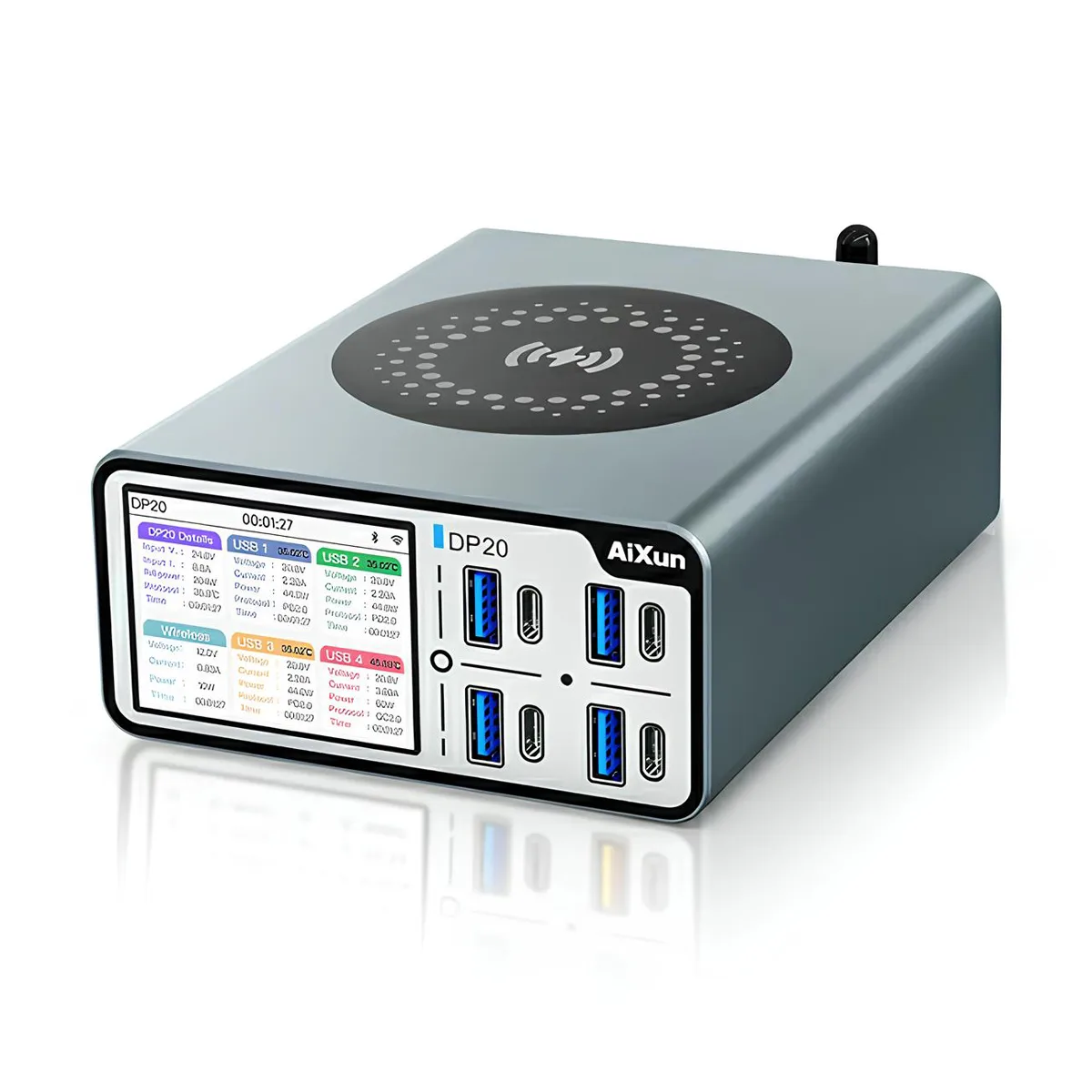 Зарядная станция Aixun DP20 (200W, 8 портов 4USB-QC3.0/4Type-C-PD, Qi 15W, LCD)
