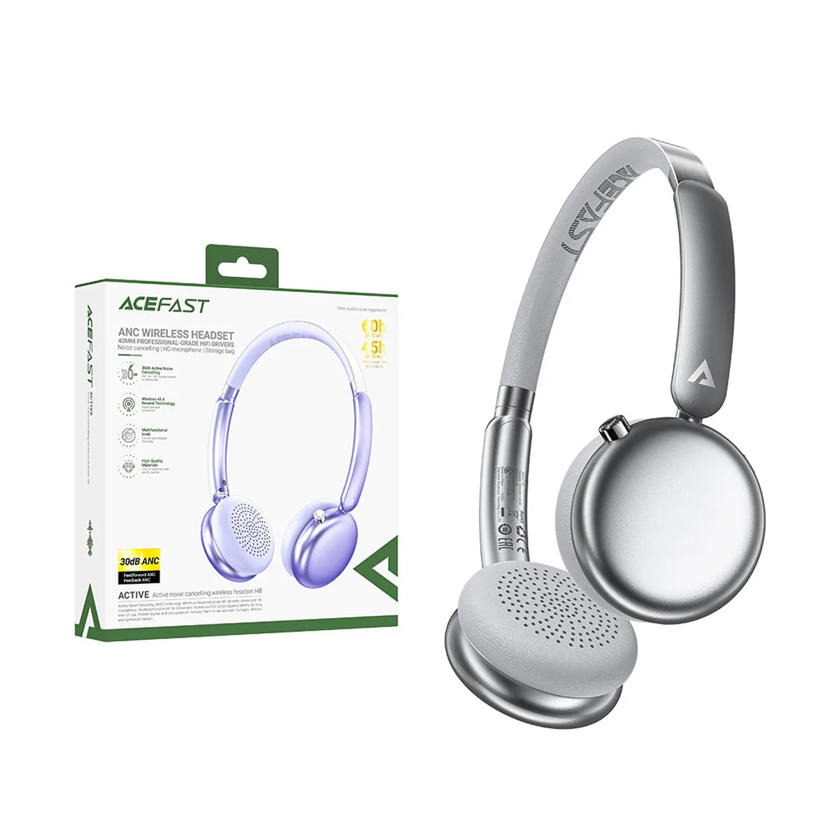 Беспроводные наушники Bluetooth Acefast H8 (накладные, активное шумоподавление) Серебро