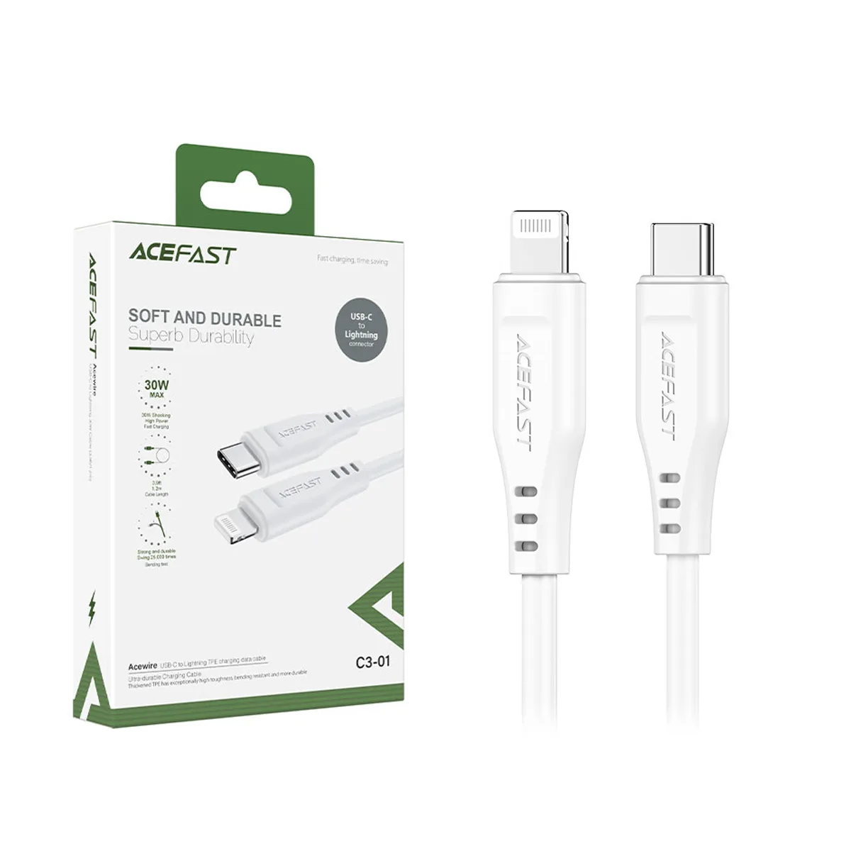 Кабель Type-C - Lightning Acefast C3-01 (3A, 30W, PD, MFI, 1.2 м) Белый