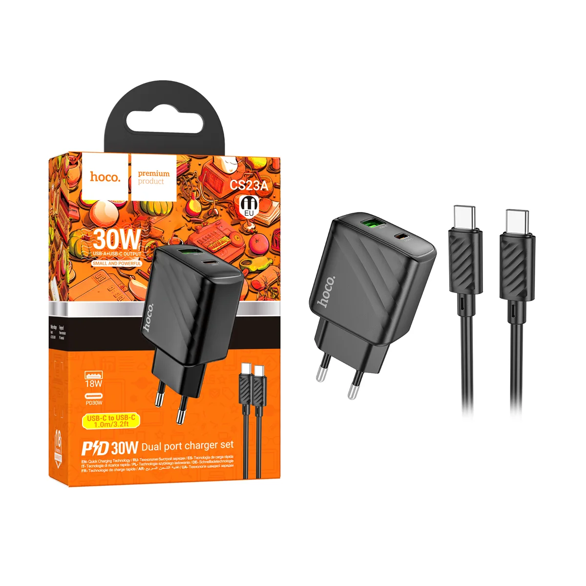 Сетевое зарядное устройство USB/Type-C Hoco CS23A (30W, QC3.0, PD, 2 порта, кабель Type-C-Type-C) Че