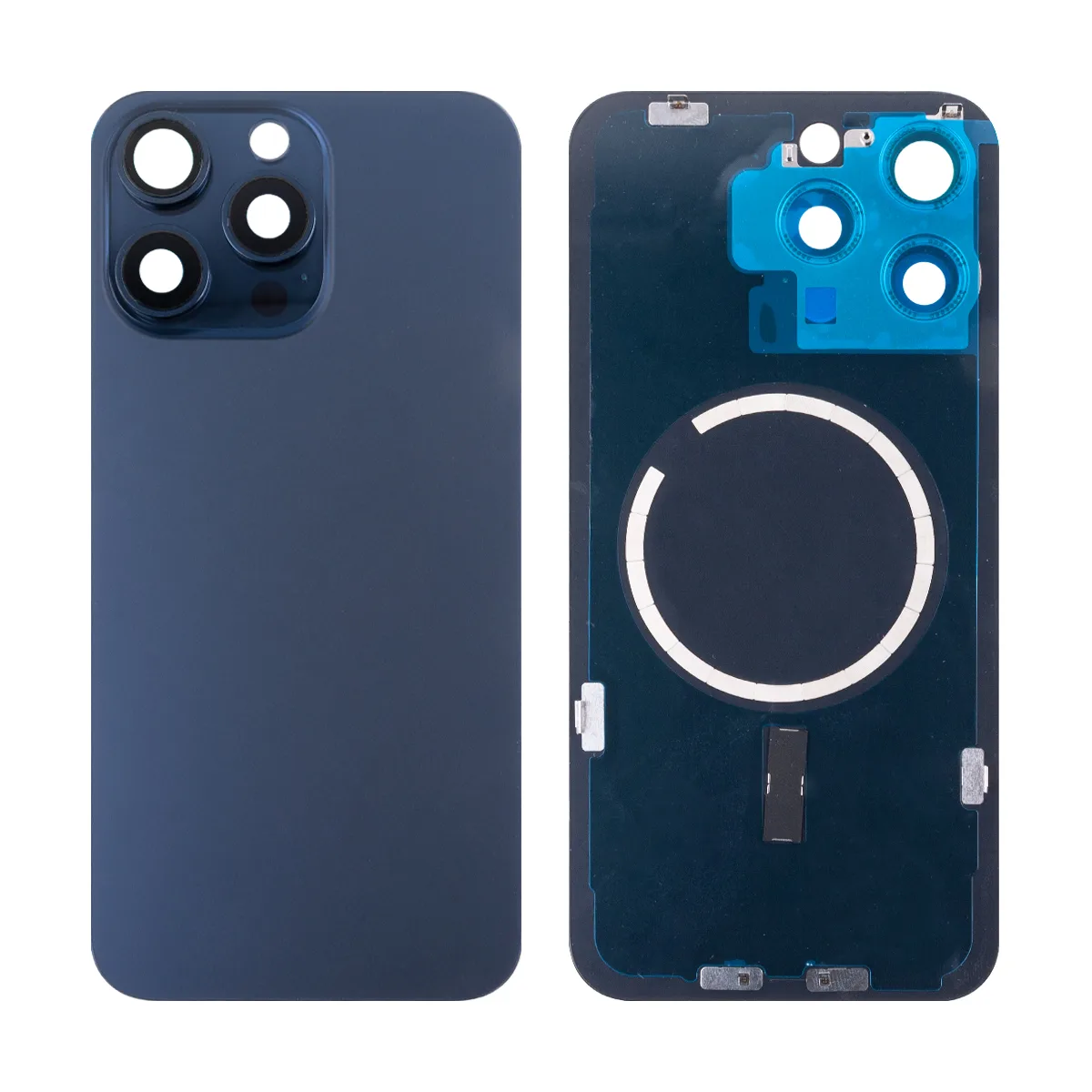 Задняя крышка для iPhone 15 Pro Max (A3106) в сборе со стеклом камеры Синий (стекло, монолит, MagSaf