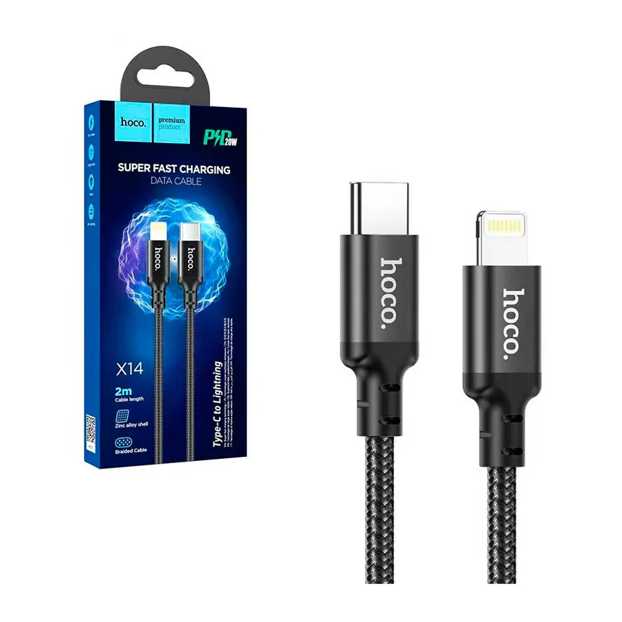 Кабель Type-C - Lightning Hoco X14 (3A, PD, оплетка нейлон, 2 м) Черный