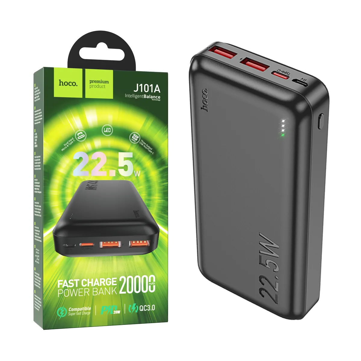 Внешний Аккумулятор (Power Bank) Hoco J101A 20000 mAh (22.5W, QC3.0, PD, 2USB, MicroUSB, Type-C, LED