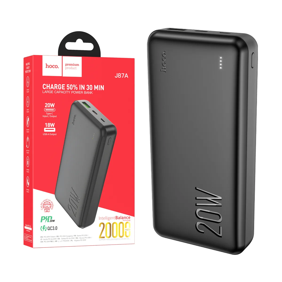 Внешний Аккумулятор (Power Bank) Hoco J87A 20000 mAh (20W, QC3.0, PD, USB, MicroUSB, Type-C, LED инд