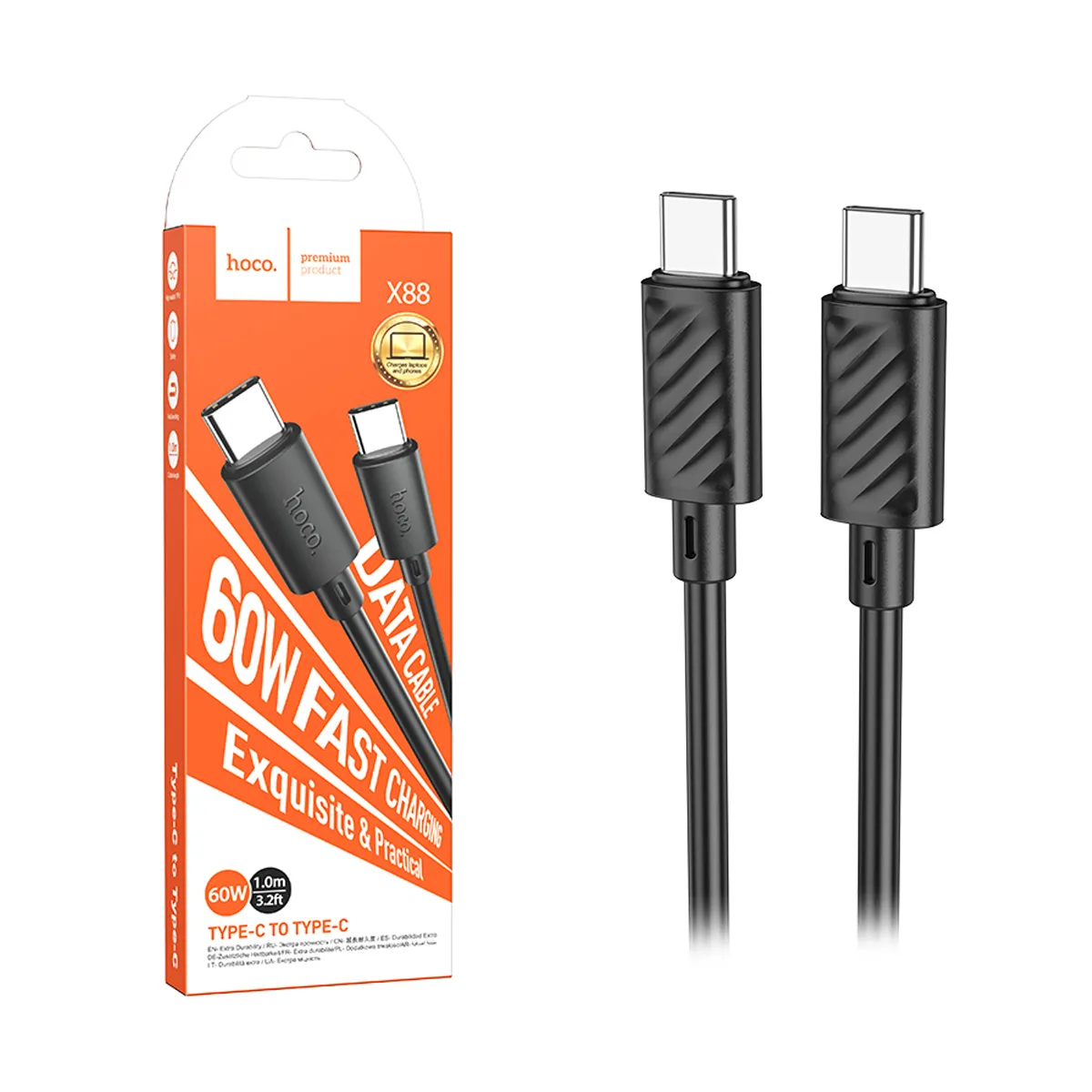 Кабель Type-C - Type-C Hoco X88 (5A, 60W, 2 м) Черный