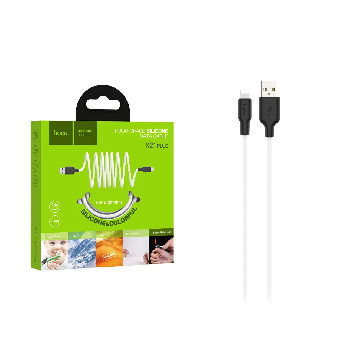 Кабель USB - Lightning Hoco X21 Plus (2.4A, силикон, термостойкий) Белый