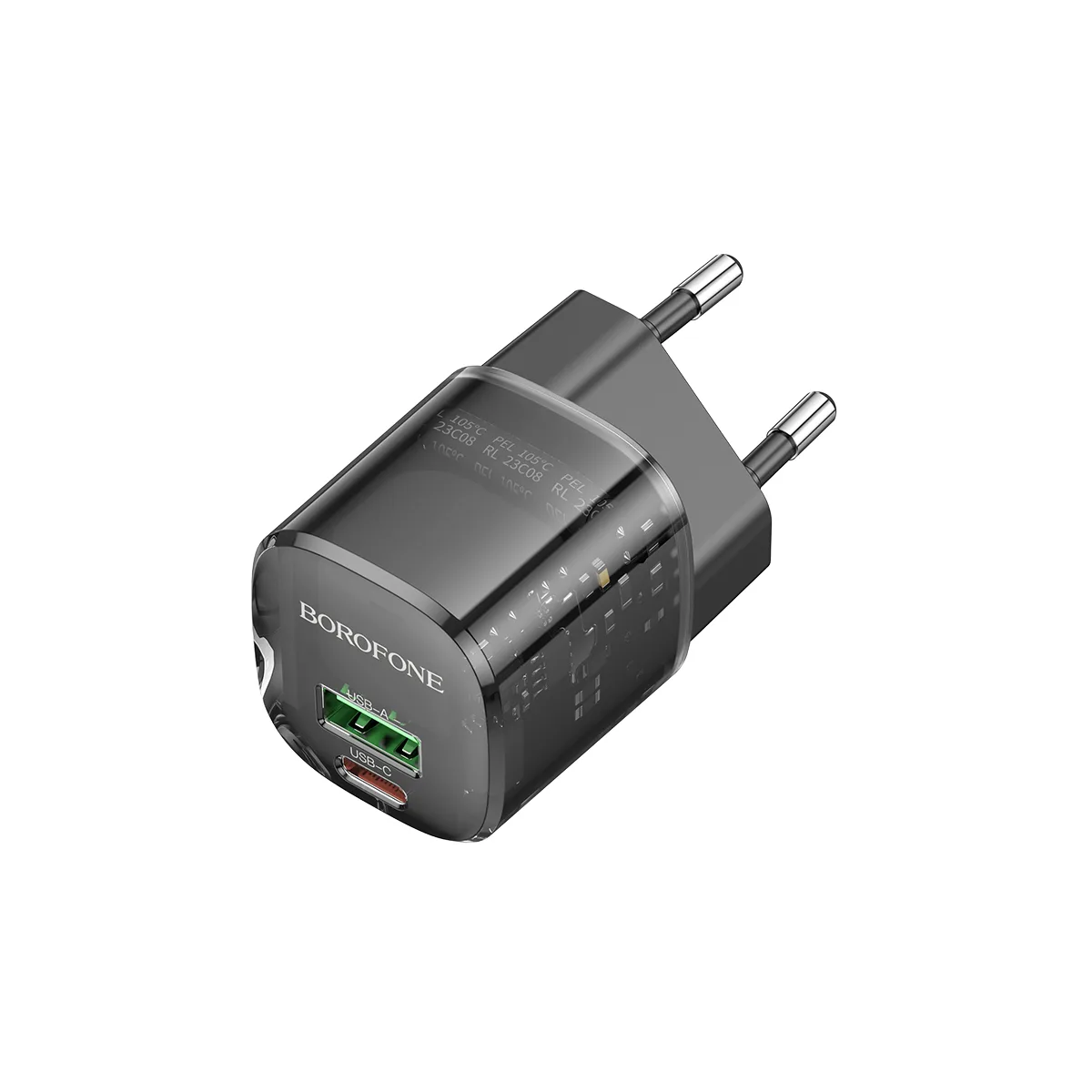 Сетевое зарядное устройство USB/Type-C Borofone BN17 (20W, QC3.0, PD, 2 порта, прозрачный корпус) Че