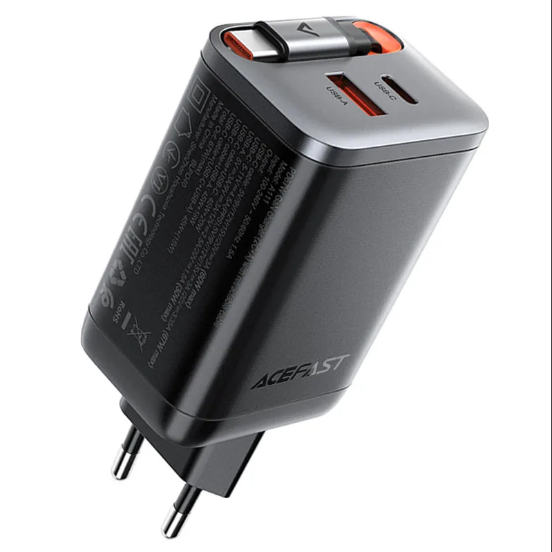 Сетевое зарядное устройство USB/Type-C Acefast A111 (67W, QC3.0, PD, 2 порта, GaN, выдвижной кабель