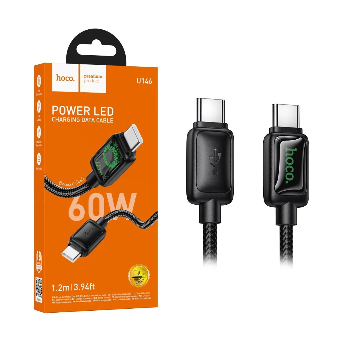 Кабель Type-C - Type-C Hoco U146 (3A, 60W, PD, оплетка нейлон, 1.2 м) Черный
