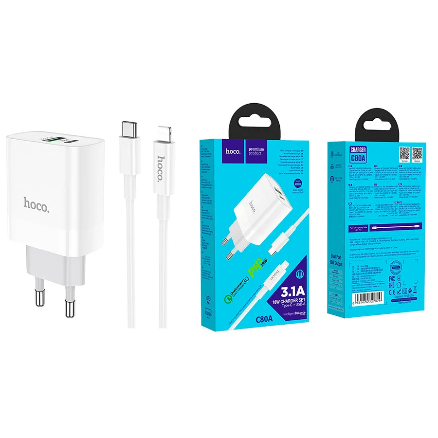 Сетевое зарядное устройство USB/Type-C Hoco C80A (20W, QC3.0, PD, 2 порта, кабель Type-C-Lightning)