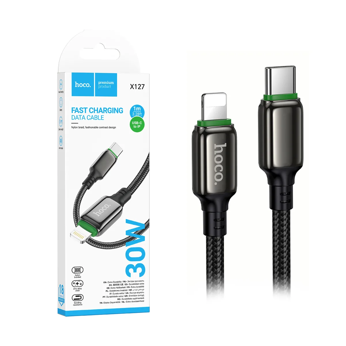 Кабель Type-C - Lightning Hoco X127 (3A, 30W, PD, оплетка нейлон) Черный