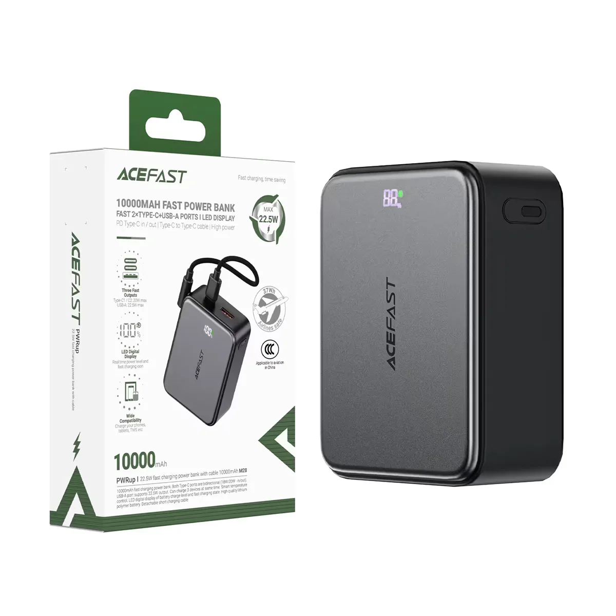 Внешний Аккумулятор (Power Bank) Acefast M28 10000 mAh (22.5W, PD, Type-C, кабель Type-C) Черный