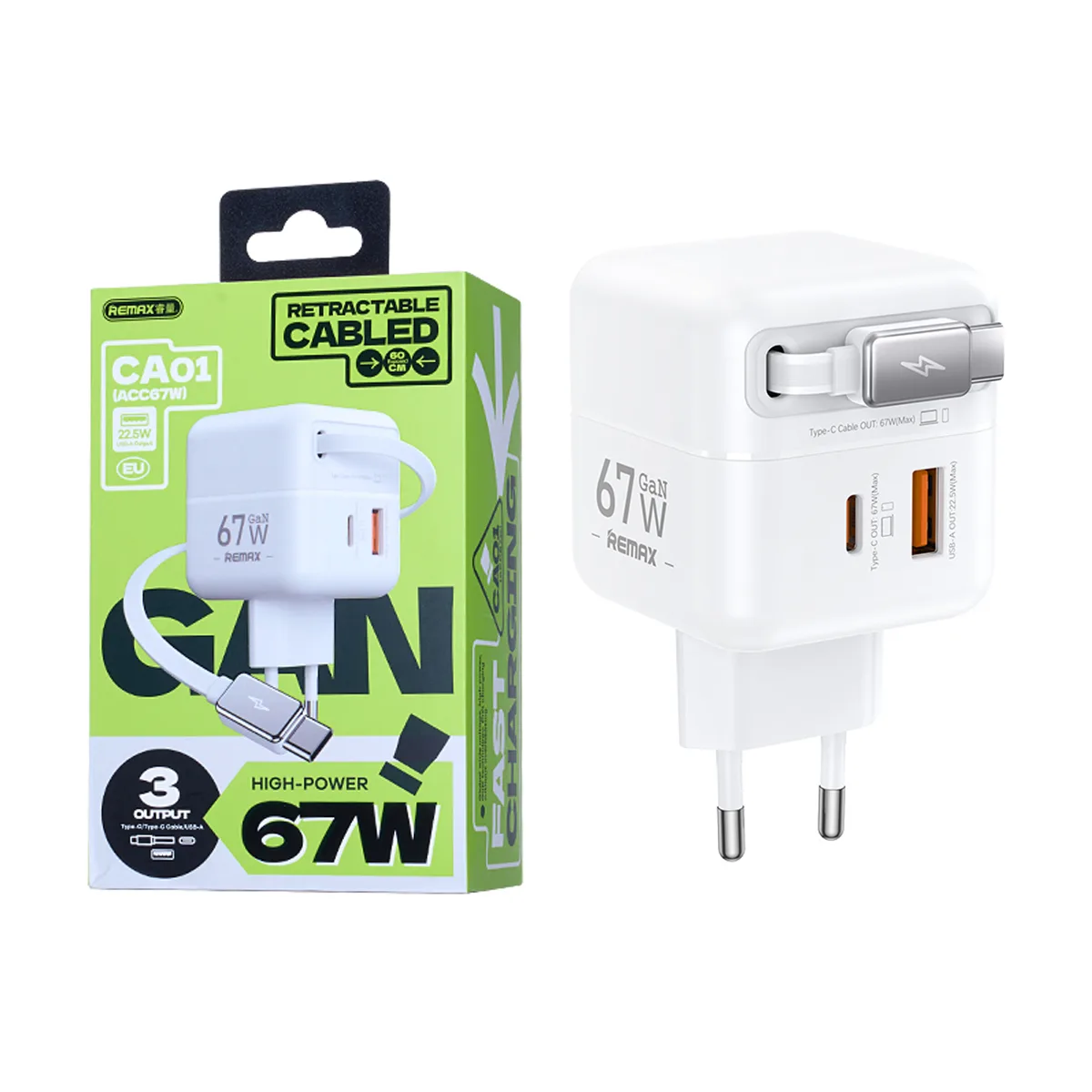 Сетевое зарядное устройство USB/Type-C Remax CA01 (67W, QC3.0, PD, 2 порта, GaN, выдвижной кабель Ty