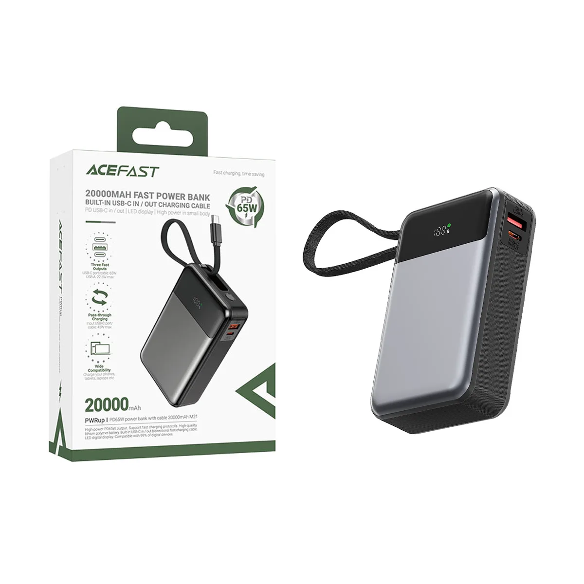 Внешний Аккумулятор (Power Bank) Acefast M21 20000 mAh (65W, QC3.0, PD, AVS, USB, Type-C, LED диспле