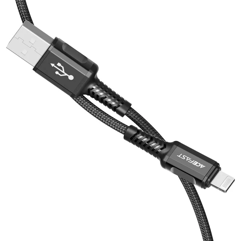 Кабель USB - Lightning Acefast C1-02 (2.4A, MFI, оплетка нейлон, 1.2 м) Черный