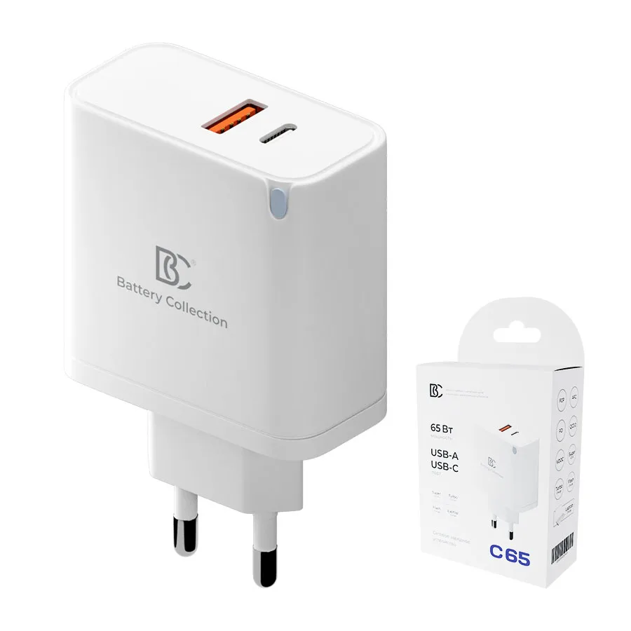Сетевое зарядное устройство USB/Type-C BC C65 (65W, QC3.0, PD, SuperVOOC, FlashCharge, 2 порта) Белы