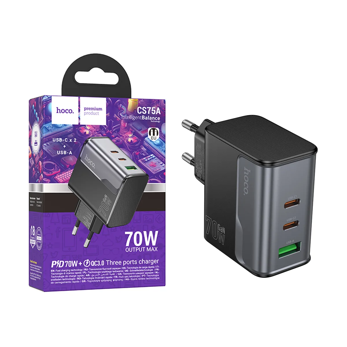 Сетевое зарядное устройство USB/Type-C Hoco CS75A (70W, QC3.0, PD, 3 порта) Черный