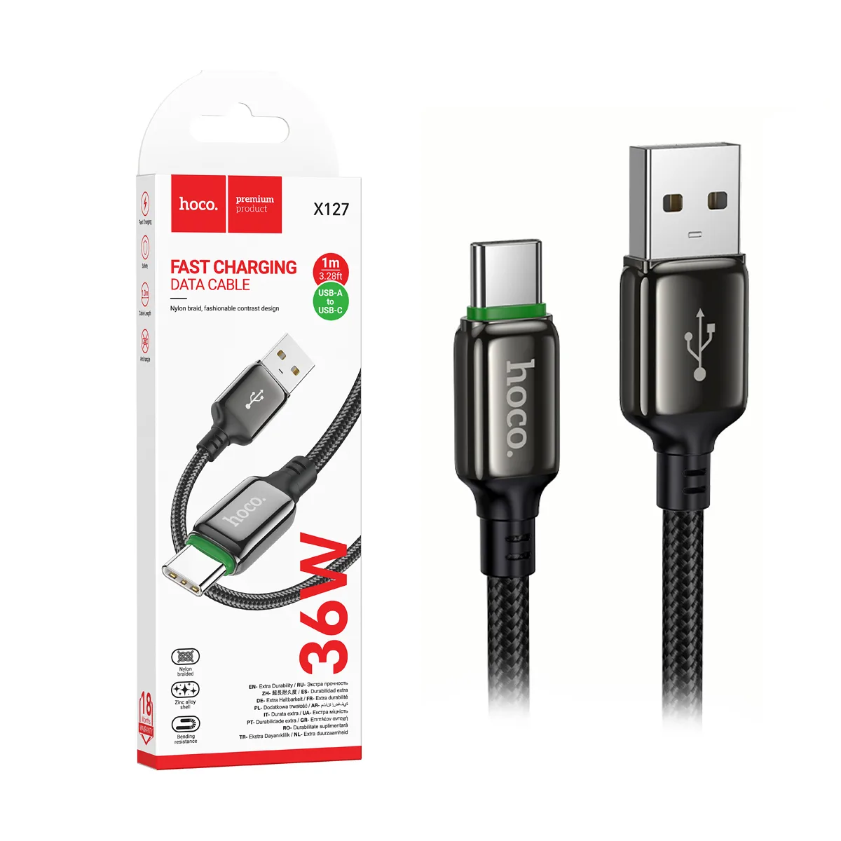 Кабель USB - Type-C Hoco X127 (3A, 36W, оплетка нейлон) Черный