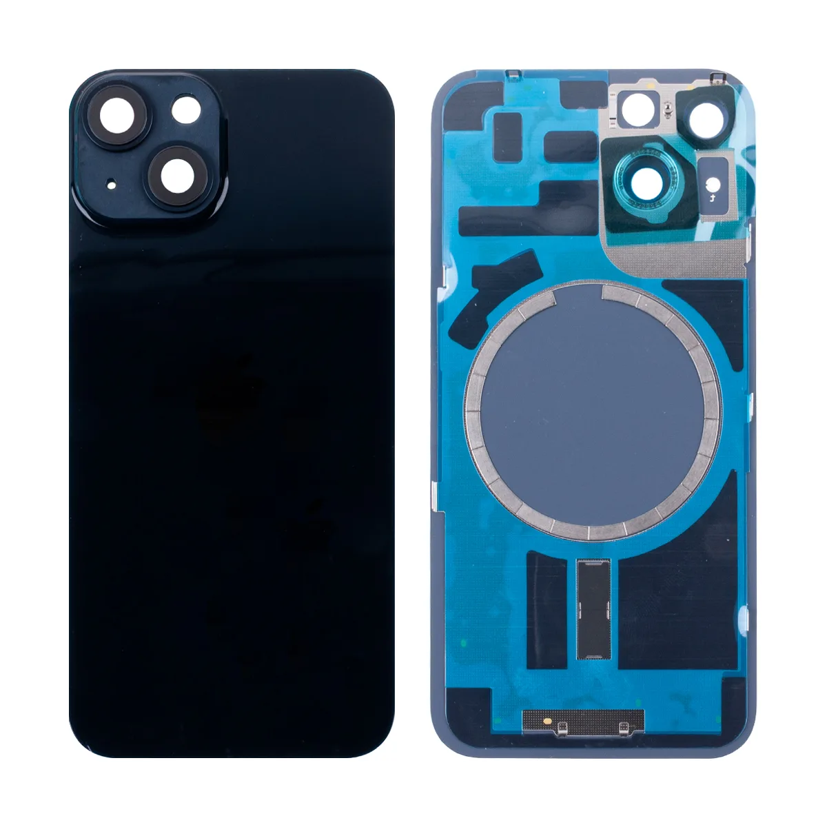 Задняя крышка для iPhone 14 (A2883) в сборе со стеклом камеры Черный (стекло, монолит, MagSafe, лого